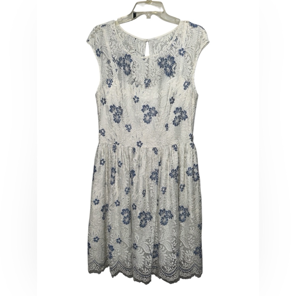 Leslie Fay LF White Lace Blue Floral Print Fit And Flare Dress Size 14